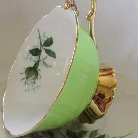 Royal Stafford Tea Cup and Saucer, Lime Green White Rose, Heavy Gold Gilt D111 - Picture 2 of 7